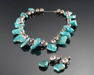 Vintage Navajo Pawn Turquoise and Silver Pearl Necklace and Earrings Native American 
