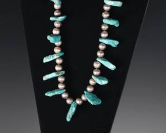 Vintage Navajo Pawn Turquoise and Silver Pearl Necklace and Earrings Native American 
