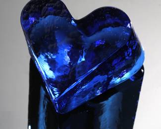 Fire and Light Blue Heart Recycled Glass Paperweight Studio Art Glass Signed 
