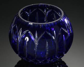 Vintage Bohemian Cobalt Blue Cut to Clear Crystal Rose Bowl 
