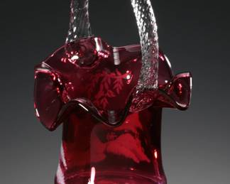 Fenton Cranberry Glass Mary Gregory Hat Basket Bird Watching Signed C. Griffiths Limited Edition  
