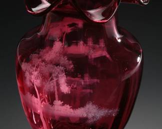 Fenton Cranberry Glass Vase Mary Gregory Tea Party Hand Painted  S. Smith Limited Edition Ruffle Rim 
