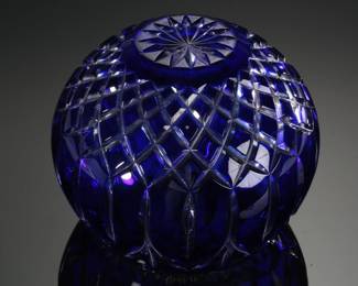 Vintage Bohemian Cobalt Blue Cut to Clear Crystal Rose Bowl 
