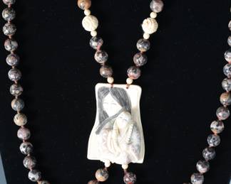 Vintage Japanese Double Strand Jasper Bead Necklace with Ivory Netsuke with Earrings 
