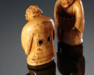Set of 2 Antique Japanese Netsuke Figures Carved Bone Sculpture 
