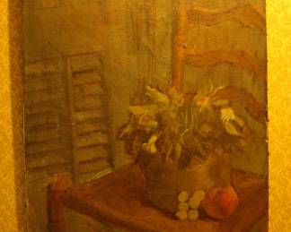 Still Life of Flowers on a Farm Table - oil on canvas - 24" H x 18" W