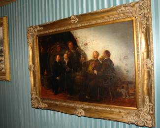 HANS LASSEN (Danish, 1857-1938) 1907 Gentlemen tasting in the cellar, 1907 Oil on canvas - Painting size28.75 H x 19.5" W - measurements do not include frame