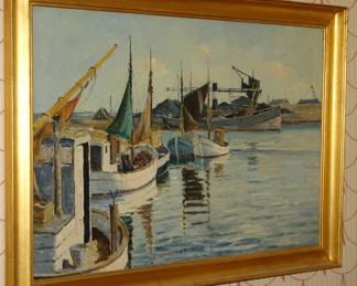 EINAR GROSS (Danish, 1895-1960) Boats at Dock, 20th century Oil on canvas - Painting size 27" H x 38.5 W
