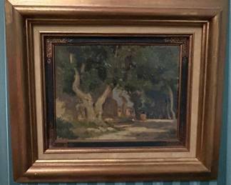 JACQUES BAUGNIES (French, 1874-1925) Devant la maison Oil on panel. Painting size 8" H x 9.5" W
