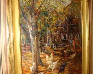 LOUISE GERMAIN (French, 1874–1939) Les coqs dans la basse-cour, circa 1910 Oil on canvas - Painting size 35.75" x 28.5" W