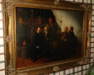 HANS LASSEN (Danish, 1857-1938) 1907 Gentlemen tasting in the cellar, 1907 Oil on canvas - Painting size28.75 H x 19.5" W - measurements do not include frame