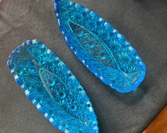 Fenton Depression Blue Glass Daisy and Button Toothpick Holders