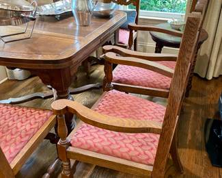 French oak refractory table and chairs with marquetry top