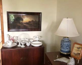 Smaller MCM walnut cabinet, glassware 