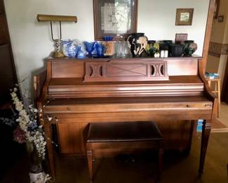 Kimball Piano. Tiffin glass, Blue pottery