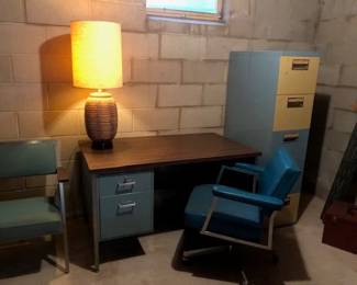 60's Steelcase desk, desk chair, guest chair and vertical file cabinet. All in excellent condition with great turquoise and walnut finishes