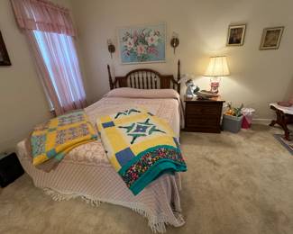 Queen Bed and two vintage hand sewn quilts 