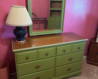 Vintage 70’s green and dresser by Basset with matching book shelves and night stand