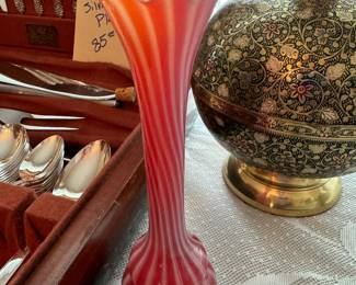 Antique Bimini Lauscha cased swirl optic fluted bud vase