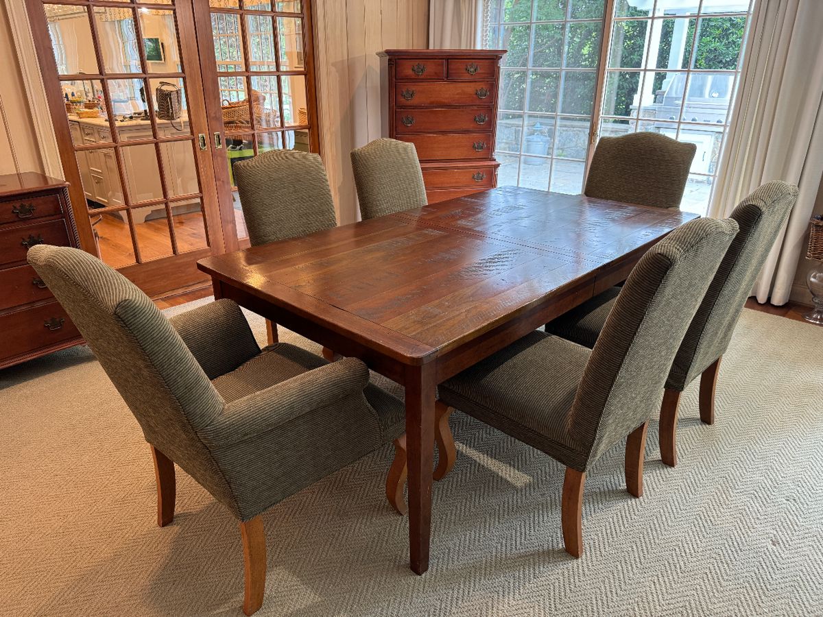 Crate & Barrel Rectangular Dining Table (42"W x 29-1/2"H x 75-1/2"L with 1 Leaf 24"L) with Crate & Barrel Upholstered Dining Chairs (2 Armchairs, 6 Side Chairs)