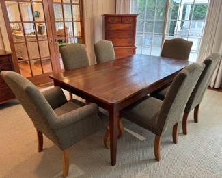 Crate & Barrel Rectangular Dining Table (42"W x 29-1/2"H x 75-1/2"L with 1 Leaf 24"L) with Crate & Barrel Upholstered Dining Chairs (2 Armchairs, 6 Side Chairs)