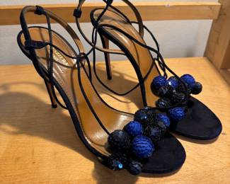 Women's Aquazzure Firenze Pompom 3" Blued Suede Ankle Toe High Heels Size 39