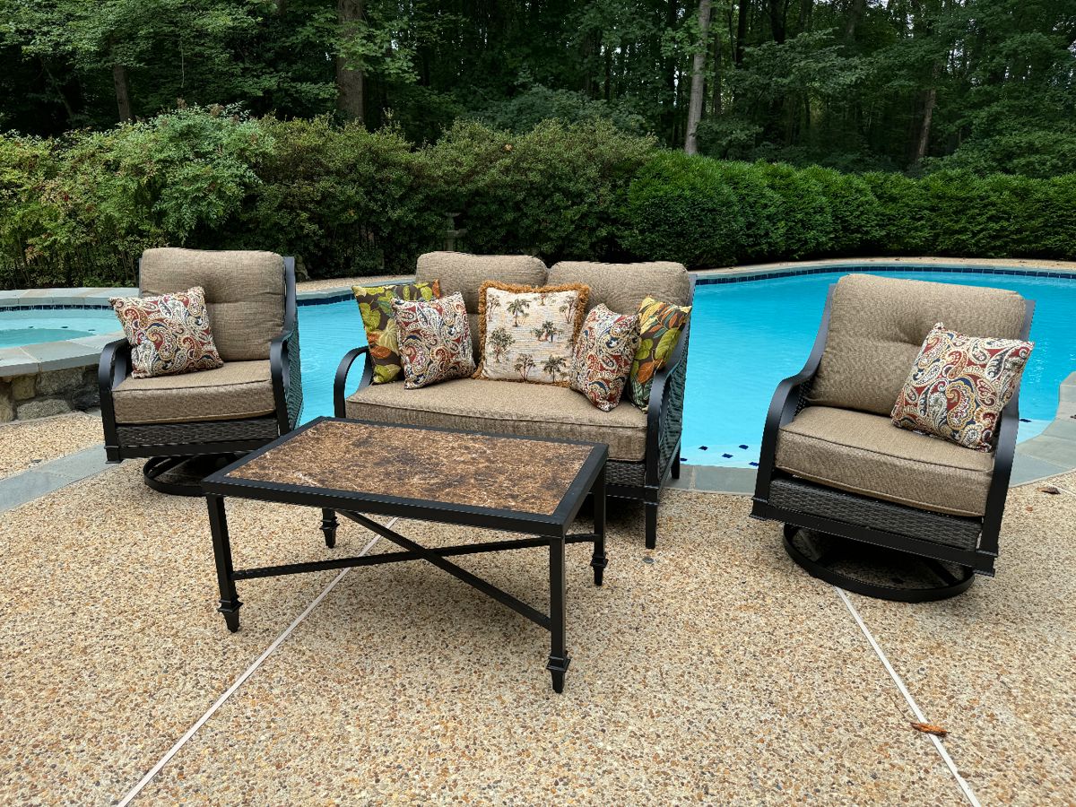 Lay-Z-Boy Outdoor Metal & Wicker Seating Set, Swivel Armchair with Cushions (32"D x 25"W x 34" Back Height, 2 Total) , Loveseat (32"D x 48"W x 34" Back Height) & Slate Top Coffee Table ( 38-1/2"D x 22-1/2"W x 18"H)