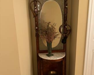 Antique Marble Topper Hall Tree with Mirror (27"W x 12"D x 79"H)