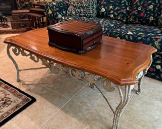 Gilded Wooden Top Iron Base Coffee Table (50"W x 28"D x 19"H)