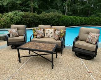 Lay-Z-Boy Outdoor Metal & Wicker Seating Set, Swivel Armchair with Cushions (32"D x 25"W x 34" Back Height, 2 Total) , Loveseat (32"D x 48"W x 34" Back Height) & Slate Top Coffee Table ( 38-1/2"D x 22-1/2"W x 18"H)