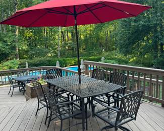 Hampton Bay Wrought Aluminum Outdoor Rectangular Dining Table (40"W x 68"L x 29"H) with Hampton Bay Wrought Aluminum Outdoor Dining Chairs (2 Swivel Armchairs & 4 Armchairs) & Hampton Bay Large Umbrella with Umbrella Stand