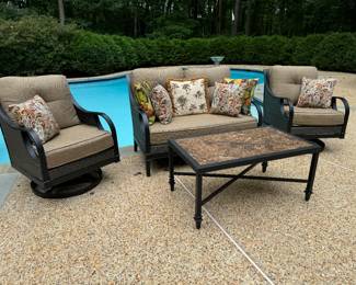 Lay-Z-Boy Outdoor Metal & Wicker Seating Set, Swivel Armchair with Cushions (32"D x 25"W x 34" Back Height, 2 Total) , Loveseat (32"D x 48"W x 34" Back Height) & Slate Top Coffee Table ( 38-1/2"D x 22-1/2"W x 18"H)