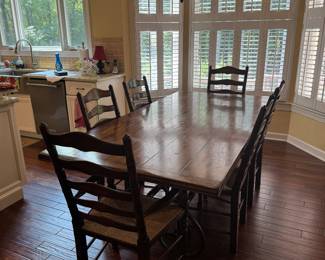 Theodore Alexander Rectangular Dining Table with Scroll Iron Base (42"W x 86"L x 30-1/2"H) with Theodore Alexander Ladder Back Dining Chairs w Rush Seats (4 Side Chairs / 2 Armchairs)