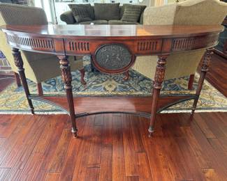 Theodore Alexander 1 Drawer Demilune 2 Tier Console Table with Detailed Plaque (18"D x 70"W x 34"H)