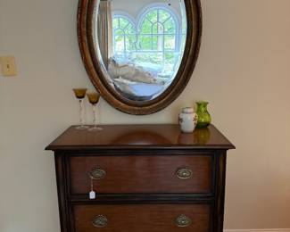 Chateau du Vallois by Theodore Alexander 2 Drawer Dresser (18"D x 38"W x 35-1/2"H) & Oval Wooden Gilt Mirror (30"W x 42"H)