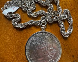 Sterling Silver 1876 Morgan Silver Dollar Pendant with Necklace