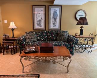 Flexsteel Orchard Pattern Upholstered Sofa ( 36"D x 92"W x 32" Back Height) & Farmhouse Vintage Wrought Iron Rolling Wine Cart (16"D x 38"W x 31"H) &