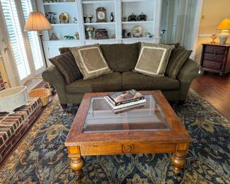 Wood & Glass Top Coffee Table on Casters (40"W x 40"D x 18-1/2"H) & Rowe Furniture Upholstered Sofa (45"D x 96"W x 33" Back Height)