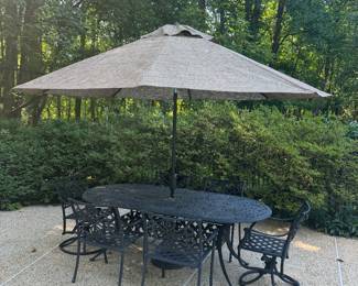 Hanamint Outdoor Wrought Rounded End Dining Table (41"W x 83"L x 28"H) with Hanamint Dining Chairs (4 Armchairs & 2 Swivel Armchairs) & Large Hanamint Umbrella