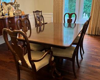 Universal Furniture Mahogany Rectangular 2 Pedestal Dining Table (44"W x 29-1/2"H x 68"D with 2 Leaves 14-1/2"L Each) with Universal Furniture Dining Chairs (4 Side Chairs & 2 Armchairs)