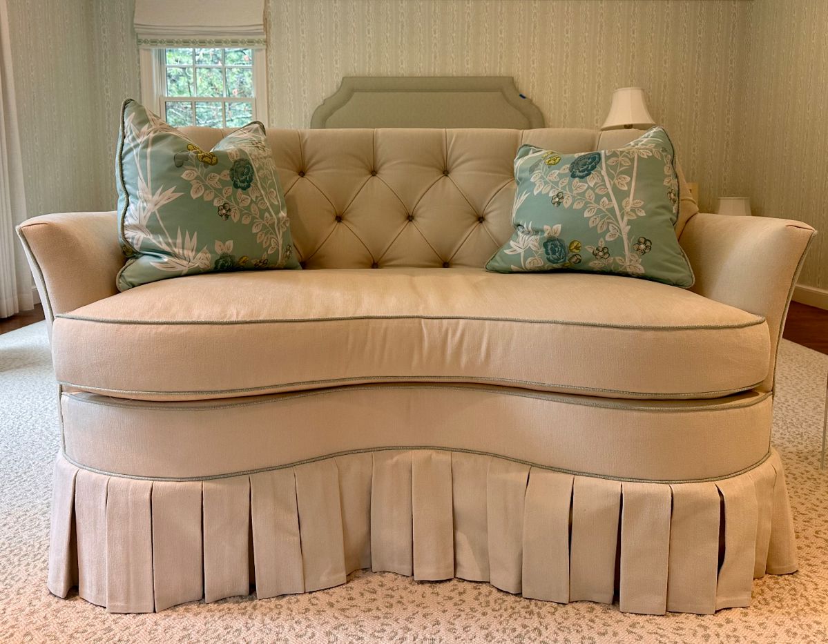 Hickory Chair Ivory Kidney Shaped Settee with Thibaut Fabric and Scalmandra Piping and Pillows