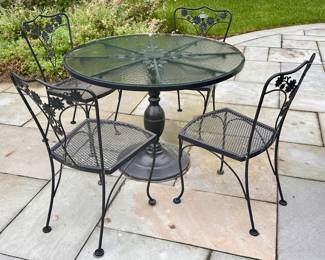 Vintage Woodard Wrought Iron Glass Top Table & 4 Chairs