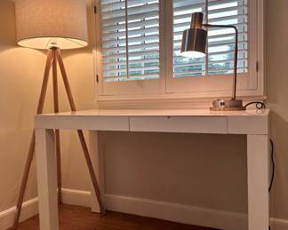 Contemporary White Desk with One Drawer & Tripod Lamp          