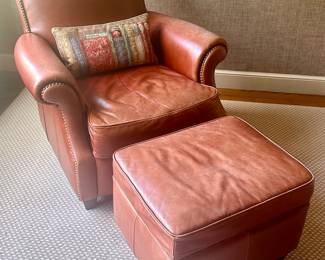Small Leather Chair and Ottoman with Nailhead Trim