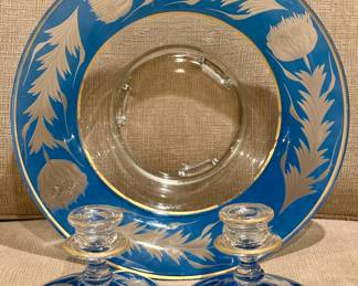 Vintage Serving Plate and Candlesticks - Blue Cornflowers