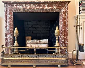 Vintage Brass Bumper, Fireplace Tools and Brass Andirons