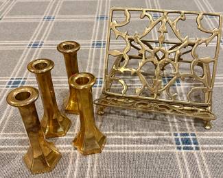 Brass Cookbook Holder and Brass Candlesticks
