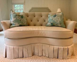 Hickory Chair Ivory Kidney Shaped Settee with Thibaut Fabric and Scalmandra Piping and Pillows