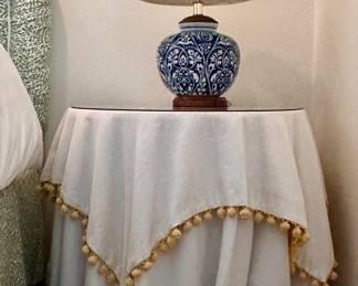 (2) Particle Board Tables and (2) Blue and White Chinoiserie Lamps