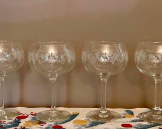 (4) Etched Glass Wine Glasses